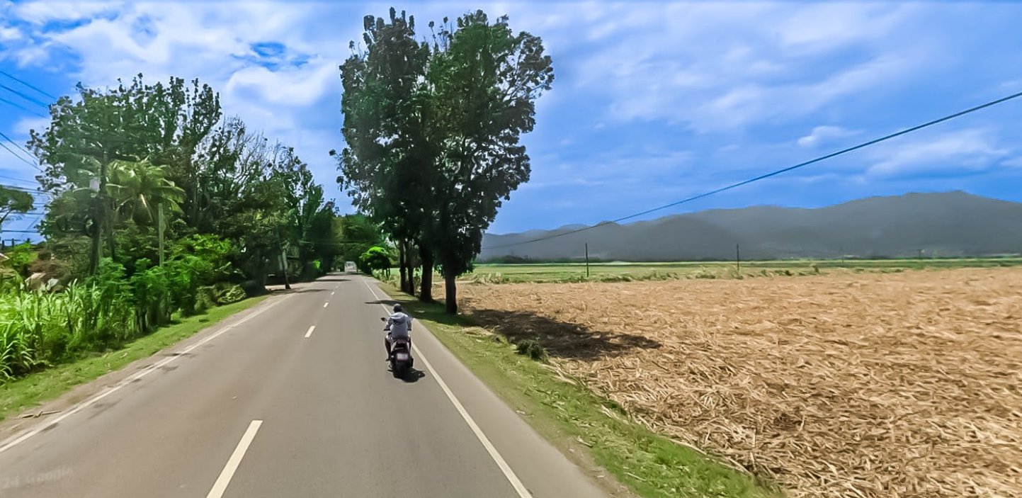 A view of the highway and the mountains in Bais City showing the vast sugar cane fields.